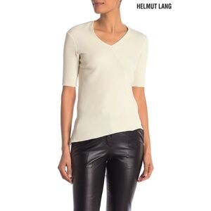 HELMUT LANG NWT RIBBED V-NECK HALF SLEEVES COTTON CANVAS TOP. SIZE L